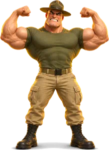 Cartoon of a muscular drill instructor flexing