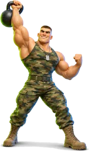 Cartoon of a muscular soldier lifting a kettlebell