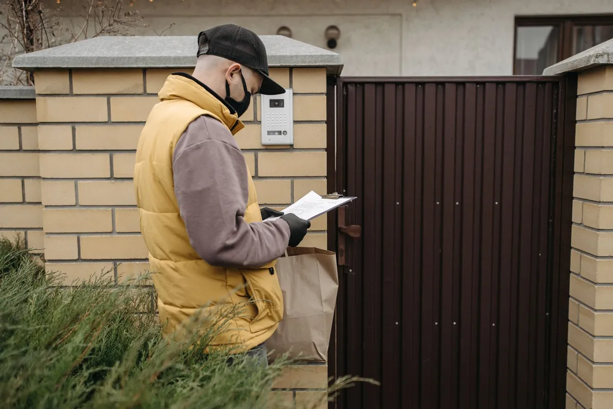A delivery worker wearing a face mask and cap checks a clipboard while holding a paper bag at a gated entrance with an intercom